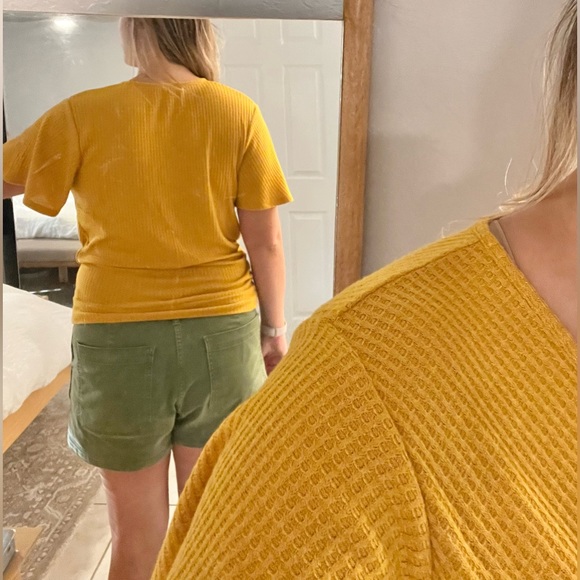 Mustard faux wrap waffle blouse with buttons - Picture 8 of 9